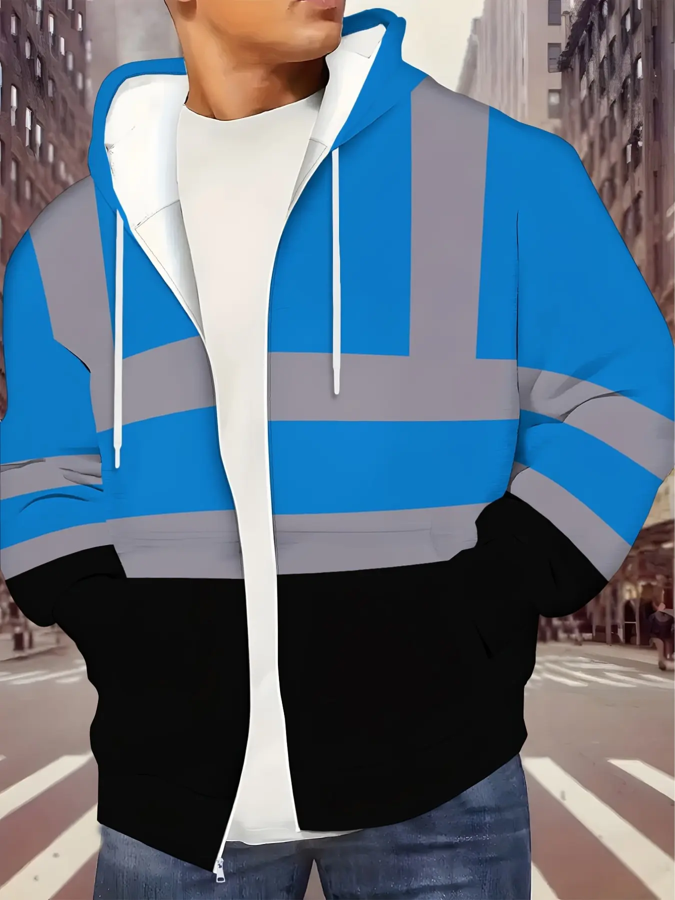 Men's Colorblock Hooded Zipper Open Front Sweatshirt Jacket, Multiple Colors, Drawstring Hat, Loose Fit, Casual Style, Outdoor Workwear, Reflective