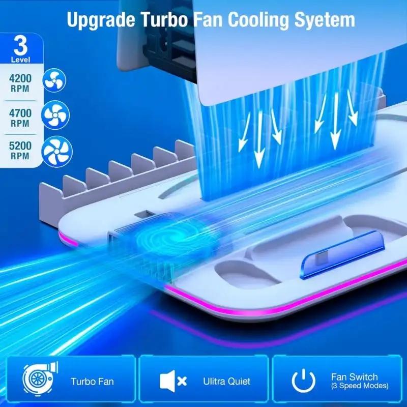 PS5 Stand with Cooling Station and Controller Charging Station for PlayStation 5 Slim Console, PS5 Controller Charger, Cooling Stand, Dynamic Light, Headset Holder for PlayStation 5 Accessories, White