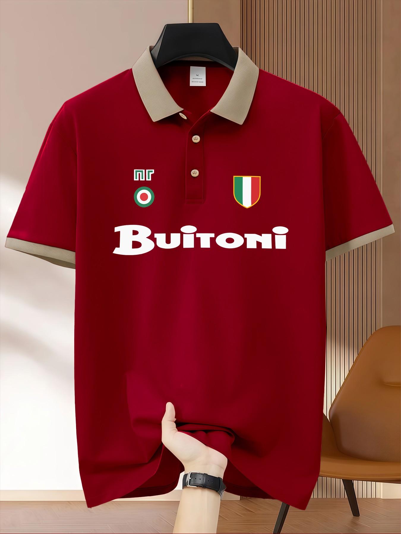 Buitoni Italian Flag Shield Vintage Print Polo Shirt, Business Casual Men's Short Sleeve Knitwear, Daily Commute Office Wear Top