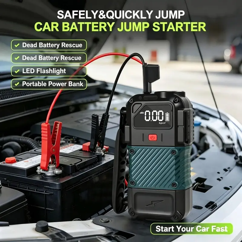 6000A Portable  Car Battery Jump Starter,  LCD Display Jump Box with Jumper Cables & Flashlight - Green