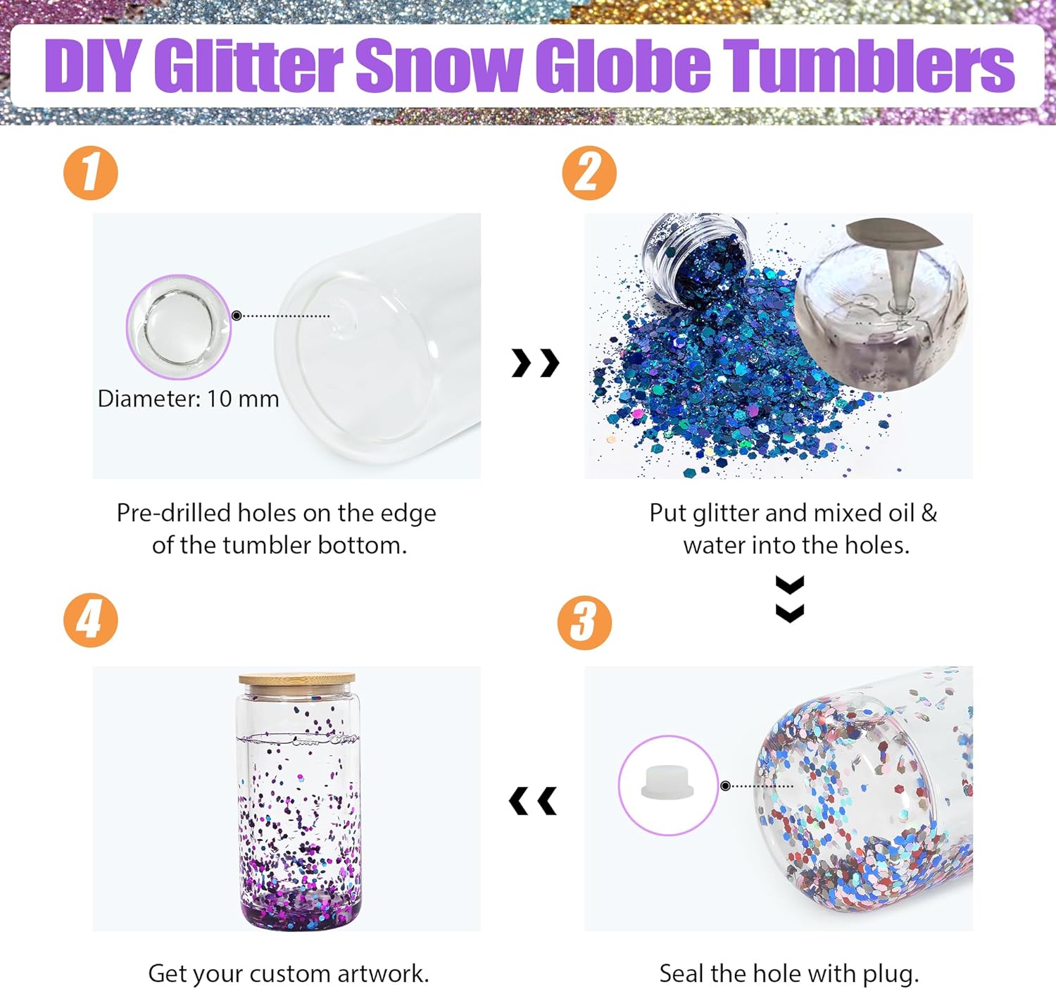 AGH 25pcs 16 oz Snow Globe Glass Tumbler Double Wall Glass 16 oz Cups with Lid Juice Cold Coffee Can with Pre Drilled Hole Plug Mugs Bottles Drinkware