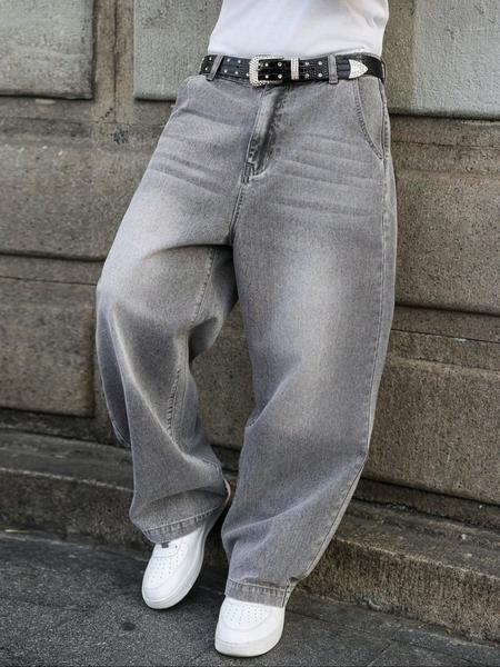 Men's New Street Style Loose-Fit Jeans, Washed Vintage Casual Straight Leg Pants, Trendy Long Denim Trousers for Everyday Wear Denim Streetwear