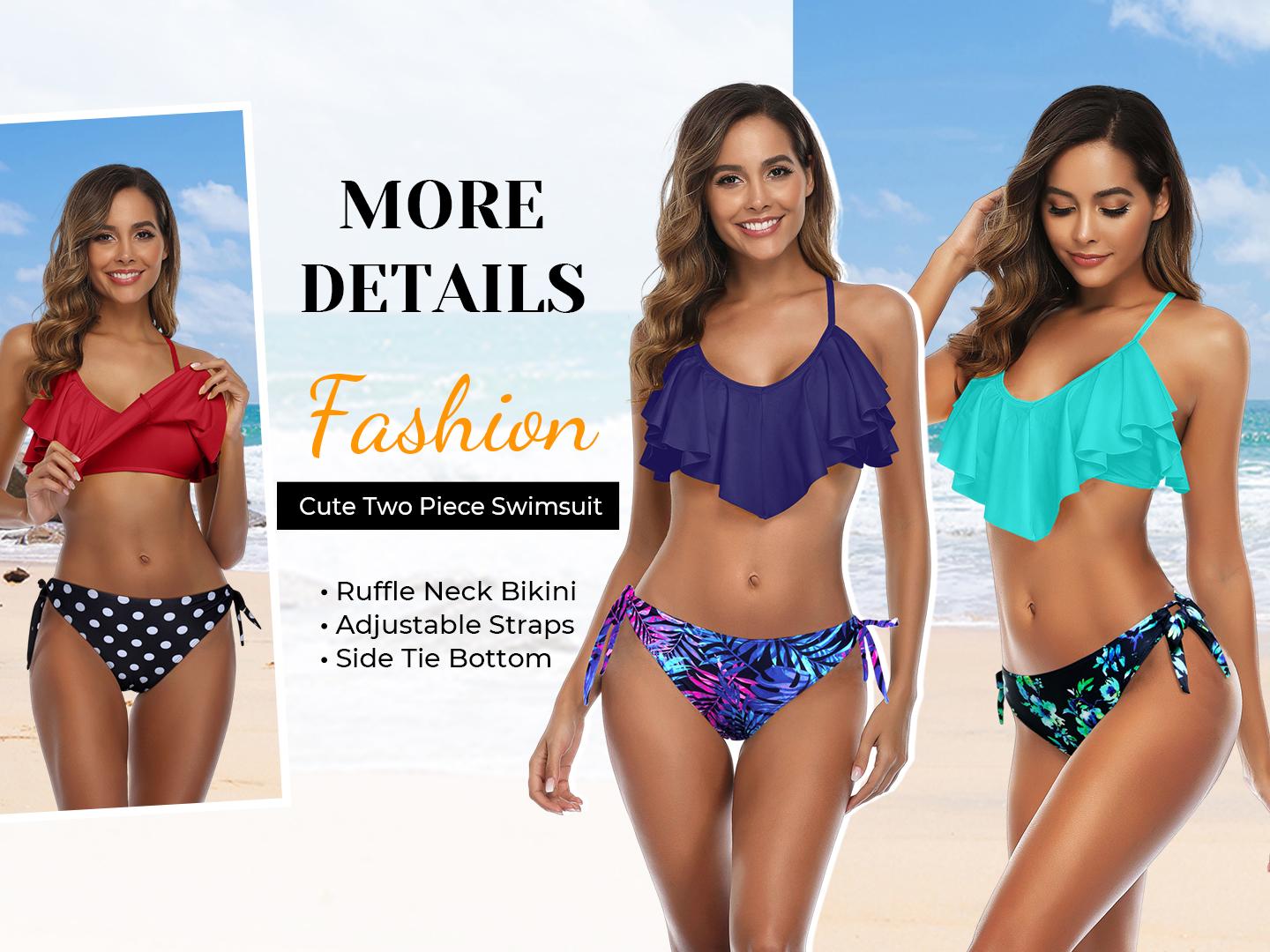 Tempt Me Two Piece Flounce Bikini Side Tie Bottom Padded Ruffled Top Swimsuit for Women Sexy Triangle Bathing Suit