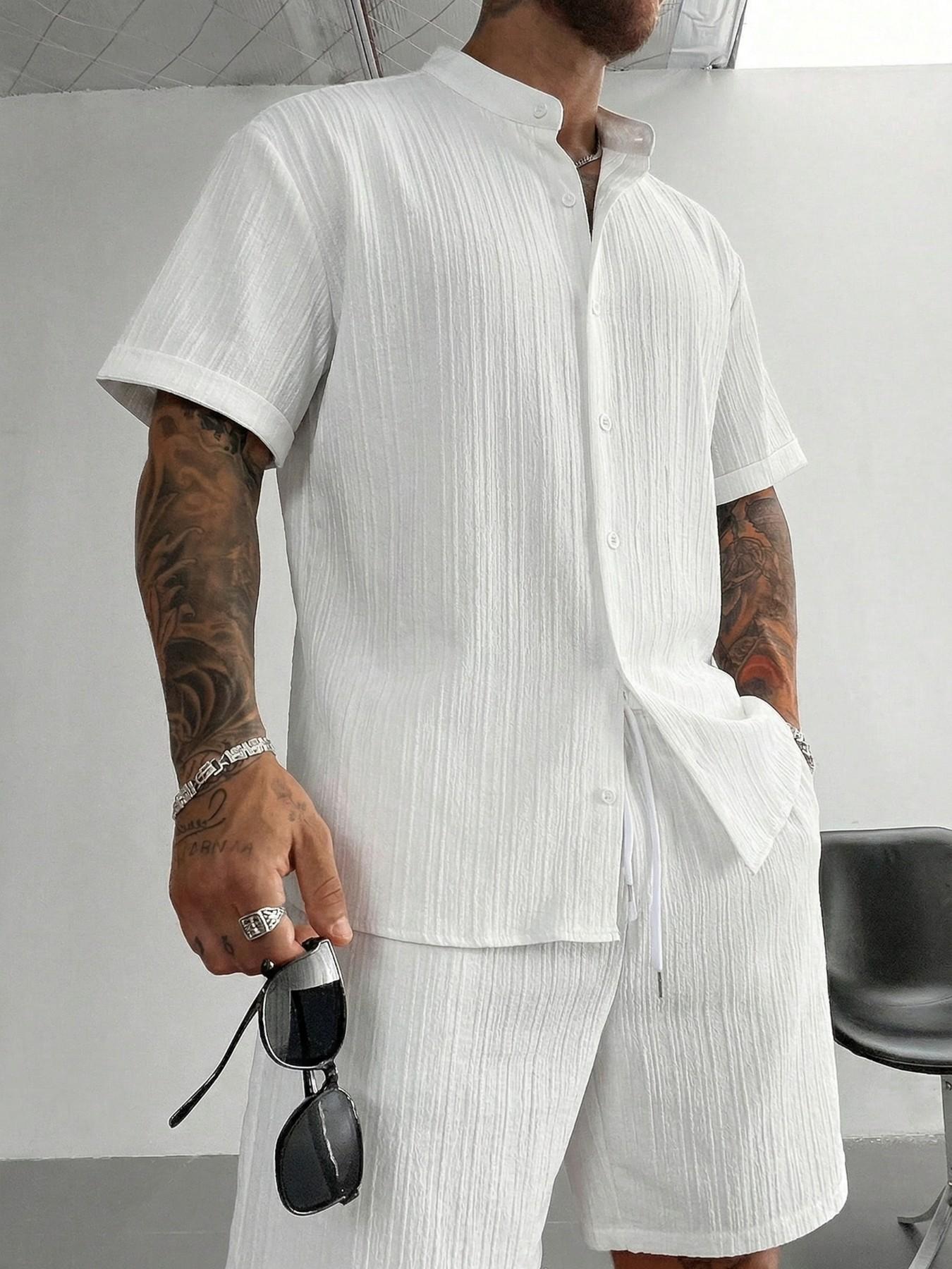 Men's Textured Stand Collar 2-Piece Outfit Set | Black/White/Grey Color Options | Short Sleeve Button Shirt + Drawstring Waist Shorts | Soft Breathable Fabric | Perfect for Summer Casual Outings, Streetwear & Smart Casual Style | Essential Set