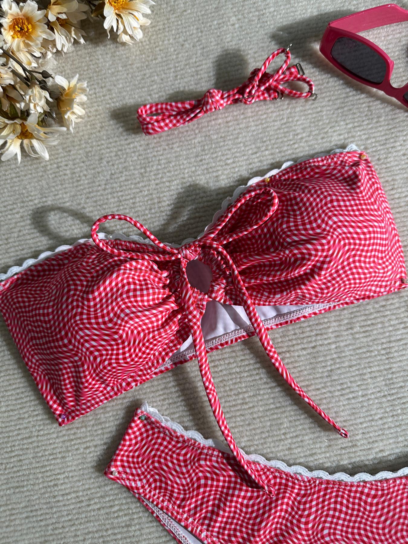 2026 New Retro Red Gingham Bandeau Bikini, Lace Trim Tie Front Convertible Strap Two Piece Swimsuit, High Cut Summer Beach Vacation Swimwear
