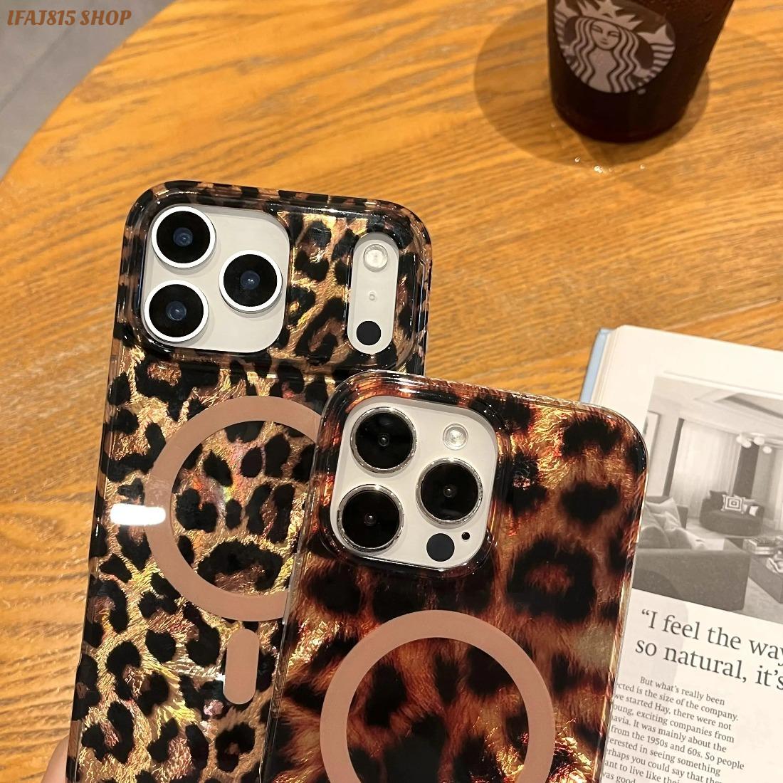 Leopard Print Magnetic Phone Case, Synthetic Sparkle Glossy Cheetah Pattern Protective Cover, Shockproof Fashion Accessory for iPhone Series 17 Pro Max, 16, 15, 14, 13, 12 Pro Max Plus