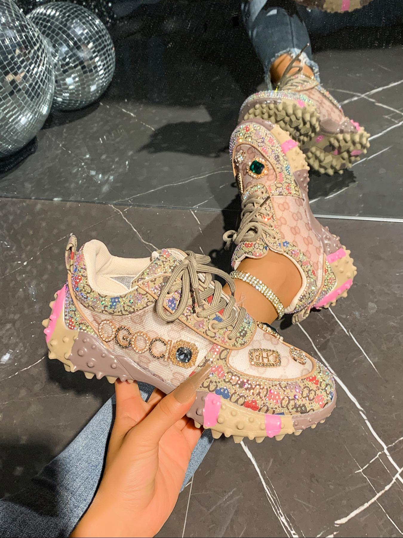 Sweet Cool Full Diamond New Street Casual Sports Shoes, Textile Upper, Rubber Sole, All Seasons, Less Than Ankle Height, Plain Style