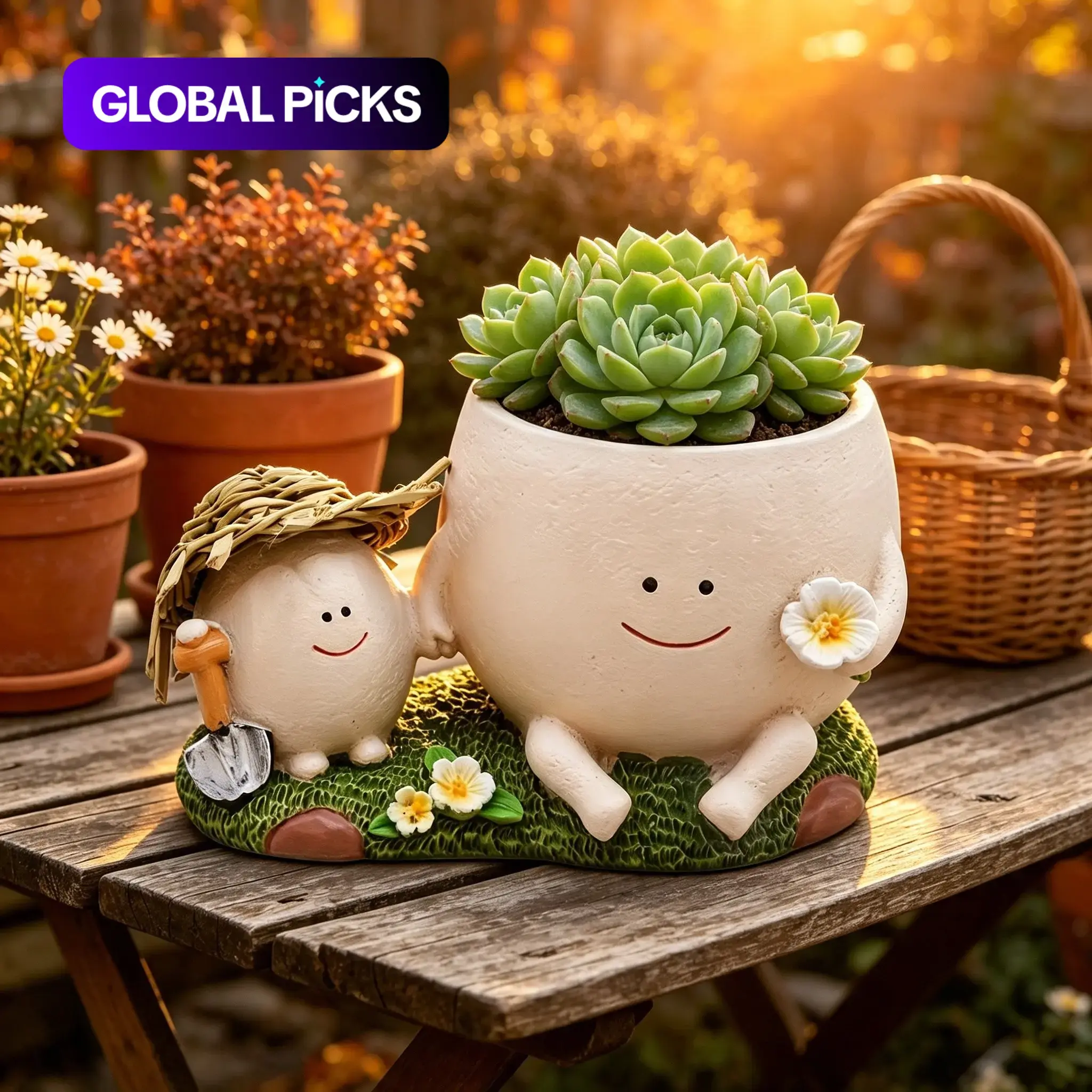 Succulent Planter, Cute Smiley Face Duo Resin Cartoon Figurine Flower Pot with Straw Hat Shovel Grass Base, Whimsical Decorative Planter for Indoor Cactus Plants, Desktop Home Office Windowsill Ornament, Novelty Gift for Plant Lovers & Home Decor
