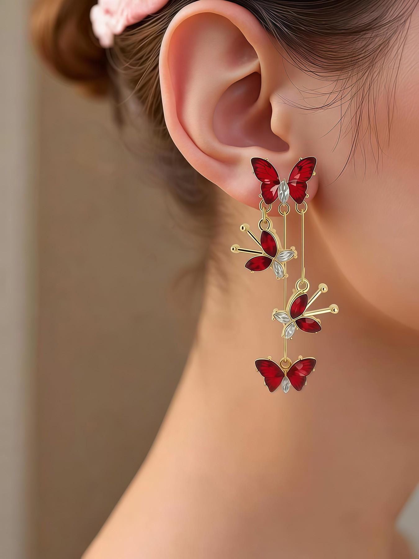 Vintage Floral Long Earrings, Butterfly Design, Casual Style, Alloy Material, All Seasons, Women's Fashion Jewelry
