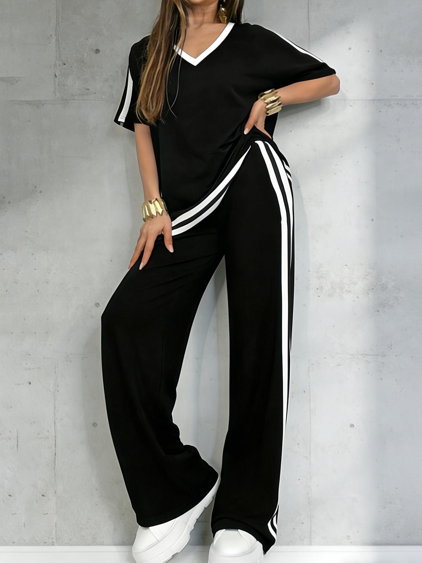 Women's Casual Sportswear Set, Pure Color V-Neck Short Sleeve T-Shirt & Striped Long Pants, Spring Summer Two-Piece