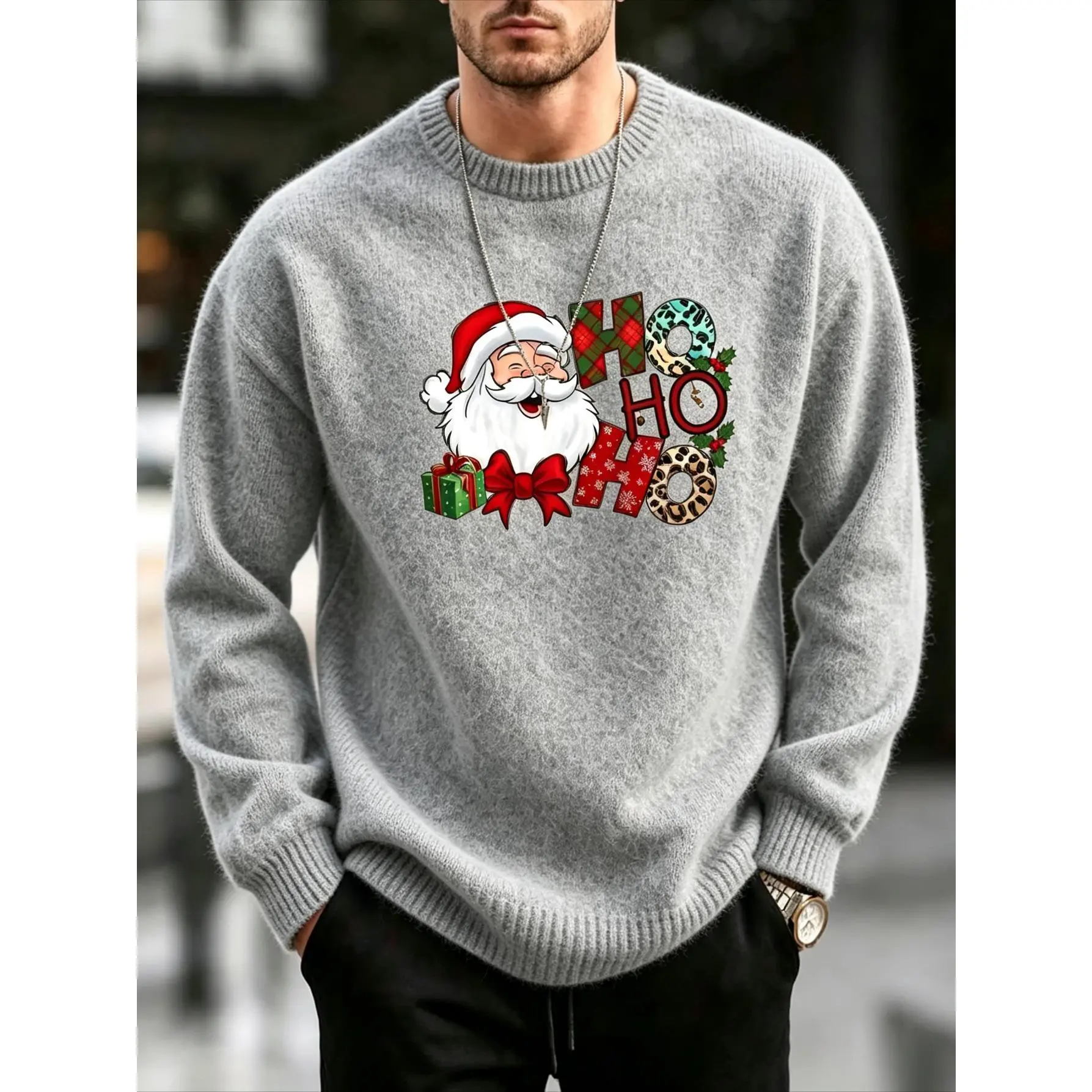 Men's Christmas Santa HO HO HO Graphic Crew Neck Knit Sweater, Soft Warm Long Sleeve Pullover Jumper, Autumn Winter Holiday Casual Top Knitwear Menswear