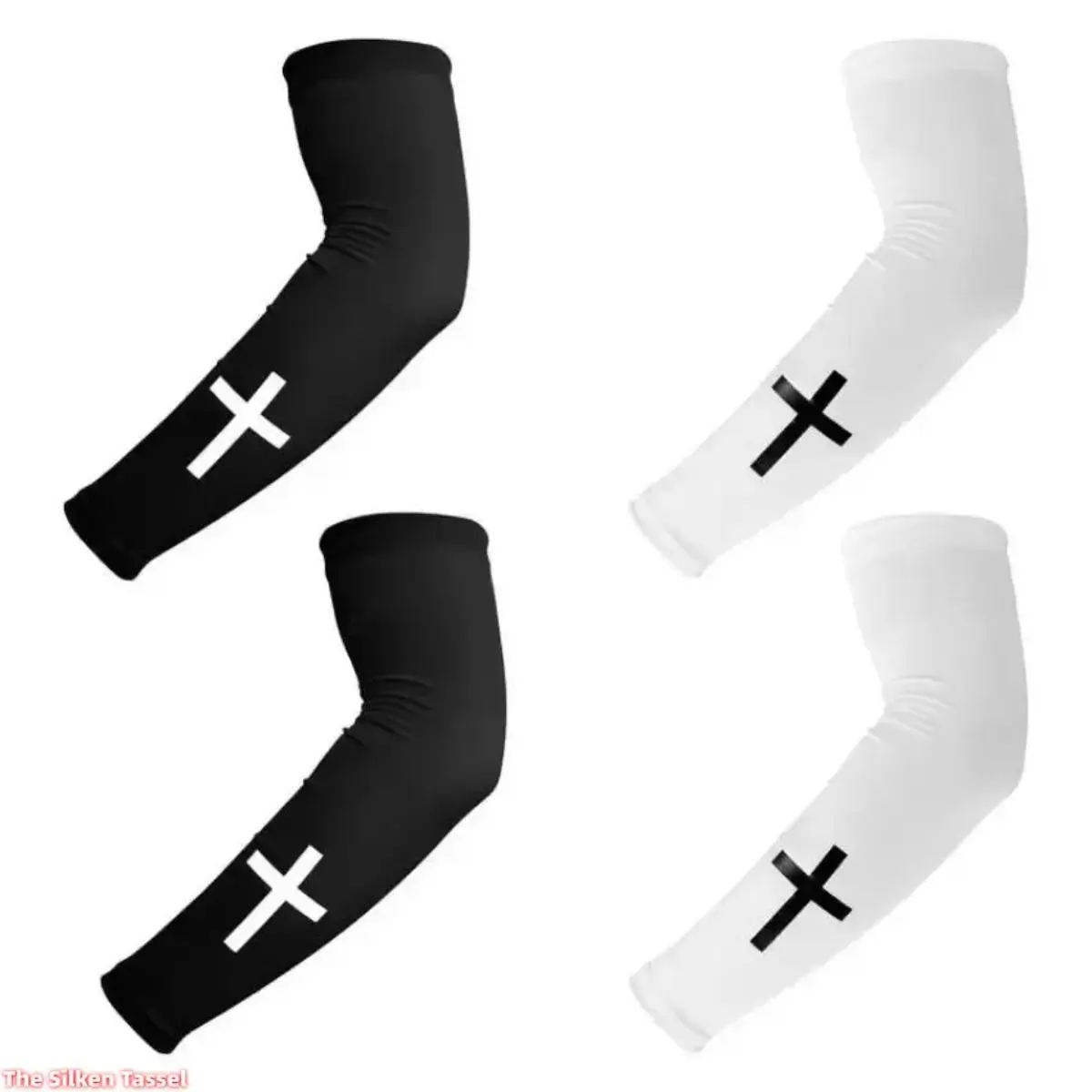 Unisex Criss Cross Pattern Adjustable Polyester Cooling Compression Arm Sleeves (2 Pairs, Black & White) - Sports Accessories for Football, Outdoor Training, Gym, Boating, Soccer, Breathable, Fishing, Fitness
