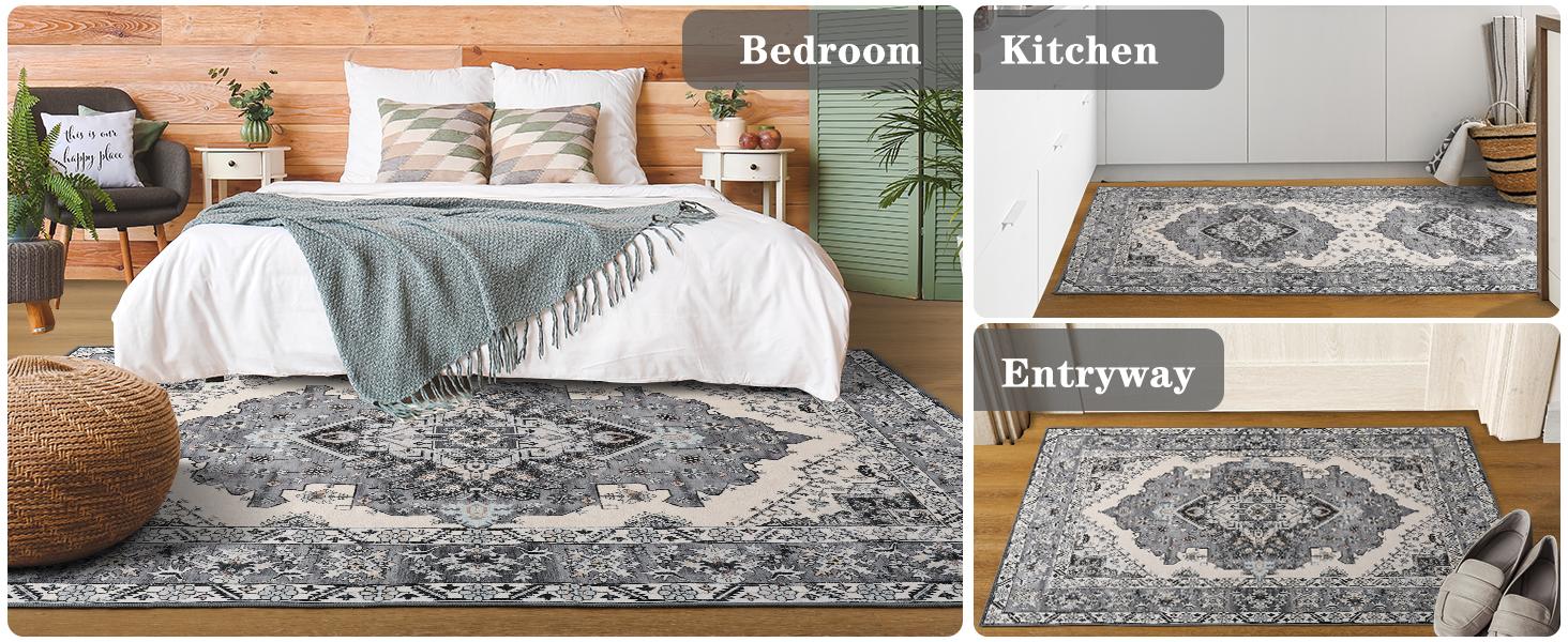 Machine washable vintage area rug, non-slip low-pile large rug for living room, bedroom, farmhouse, dining room, colors: black, orange, beige, grey, blue, sizes: 5x8, 7x10, 9x11 ft