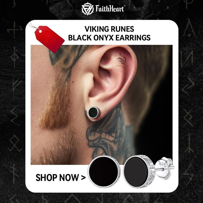 FaithHeart Black Onyx Stud Earrings with Viking Runes For Men Women