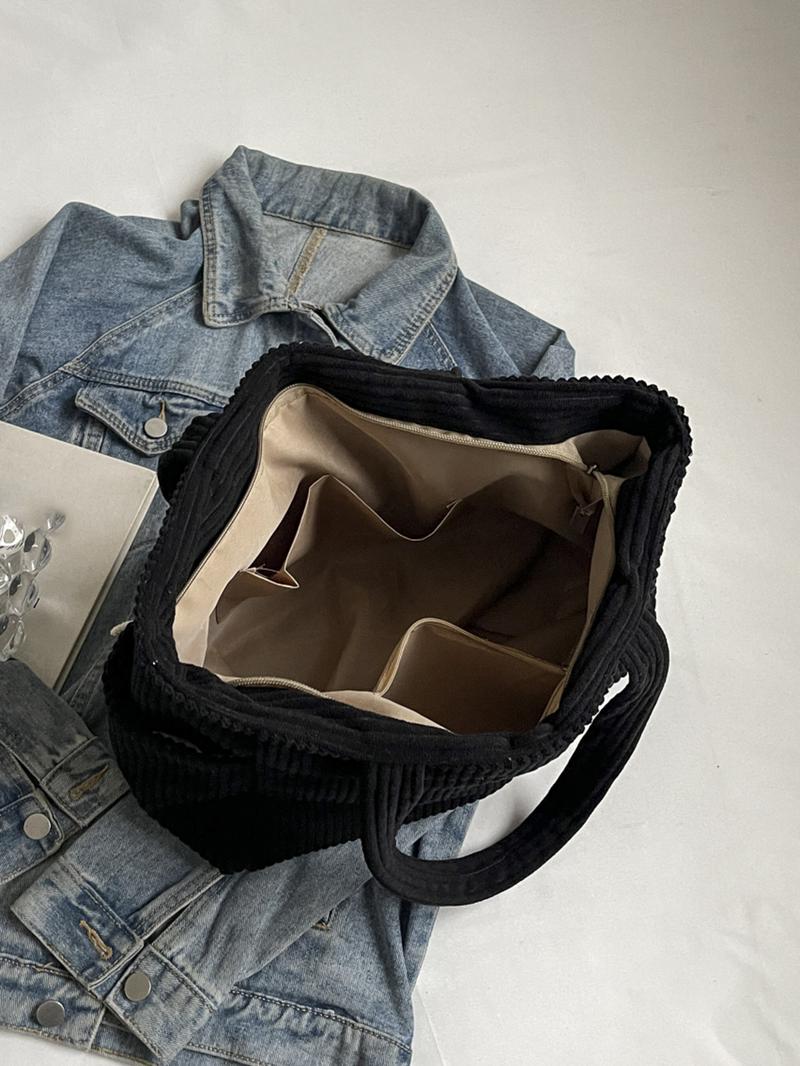 Women's Solid Color Corduroy Tote Bag, Fashionable Large Capacity Shoulder Bag for Work & Daily Used, Casual Trendy Versatile High-quality Daily Commuting Bag