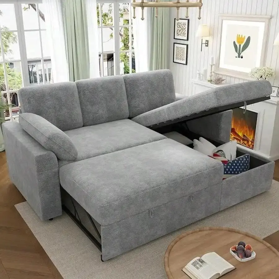 3-Seat 2-In-1 Reversible Chaise Sectional Sofa - Pull-Out Bed, Storage Organizer, Faux Fur Convertible Indoor Apartment Furniture Sleeper Couch