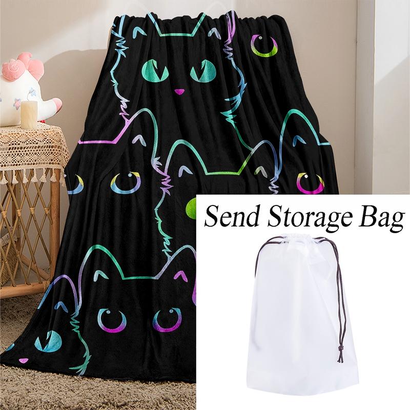 Room Decor Cat Pattern Flannel Blanket with Storage Bag, Soft Warm Napping Throw Blanket , Cozy Bedding for Office, Rest Blanket for Air-conditioned Room, Gift for Friend, Bedroom Accessories, Travel Essentials, Cartoon Pattern Blanket