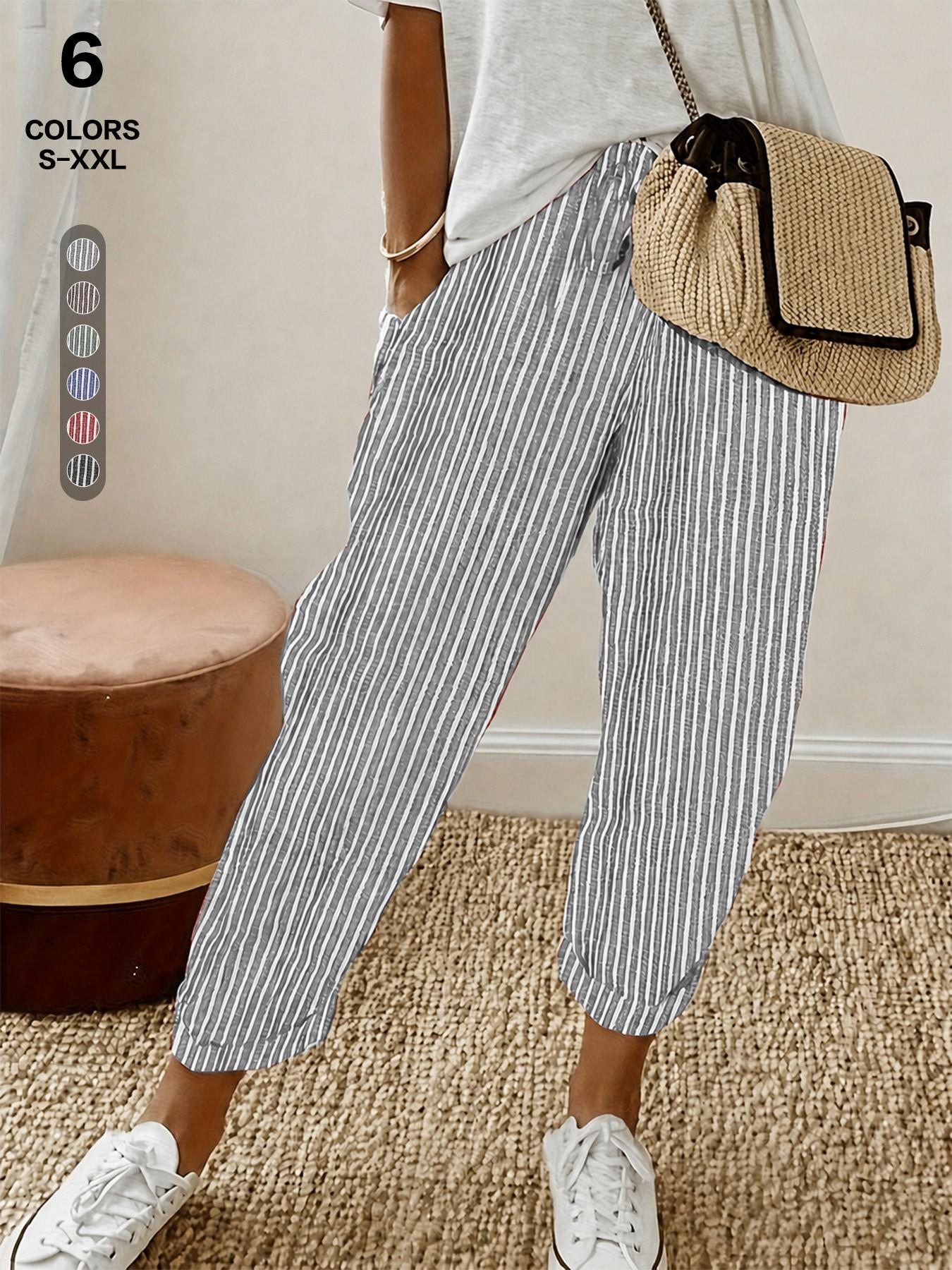 Women's 2026 Striped Cropped Jogger Pants, High-Waist Drawstring Design with Side Pockets and Cuffed Ankle Hem, Breathable Lightweight Fabric, Athleisure Style Bottoms