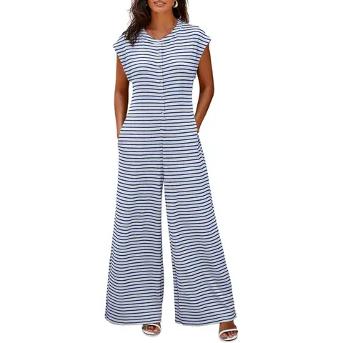 Cicy Bell Women's Striped Casual Overalls Jumpsuits - Cap Sleeve, Chic, Cute, Easy Care Waffle Knit Jumper, Loose Fit Flowy Wide Leg, Crew Neck, Button-Down, Poly-Elastane Blend, Side Pockets, Beach Summer Outfits