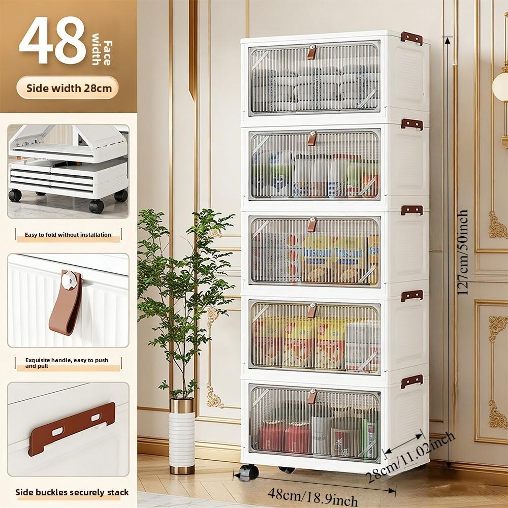 The latest multi-layer stackable transparent door storage cabinet, foldable plastic storage drawers with rollers, space-saving wardrobe storage supplies, suitable for kitchens, bedrooms, bathrooms