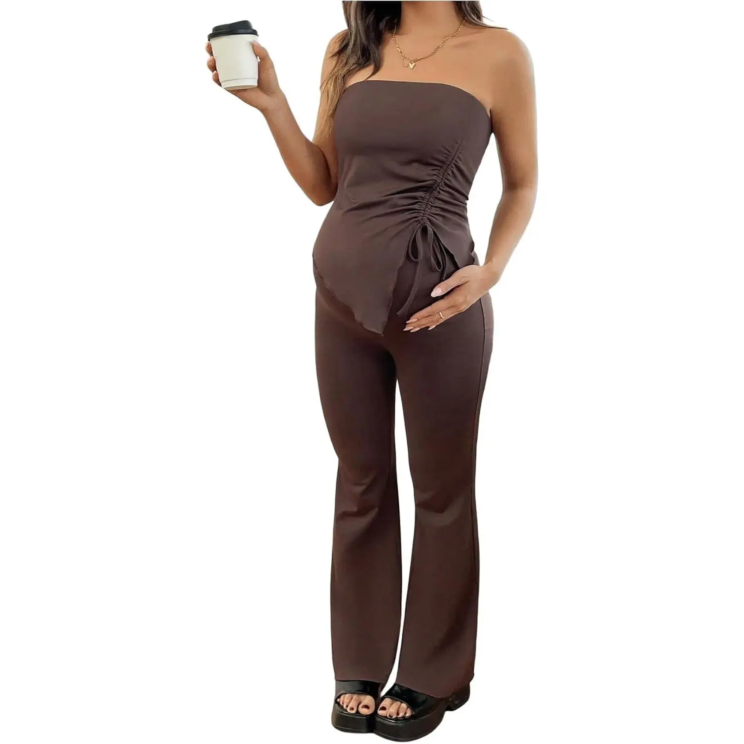 Women's Maternity Sets 2 Piece Summer Outfits Ruched Tube Top and Pants Pregnancy Matching Set