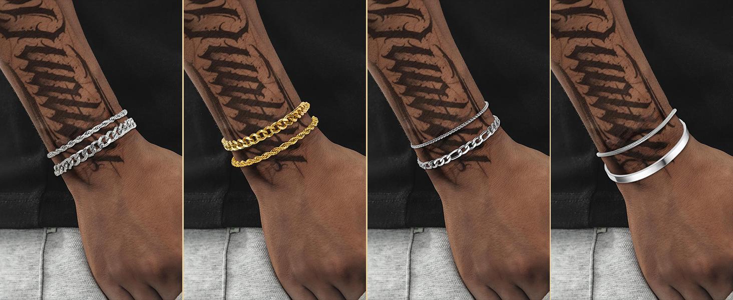 PEALICIOUS Bracelets for Men Jewelry as 2 PCS Silver/Gold Bracelet for Men Chain, 7-10In Stainless Steel Bracelets for Men Fathers Days Gifts for Boys Pulseras Para Hombres Mens Accessories