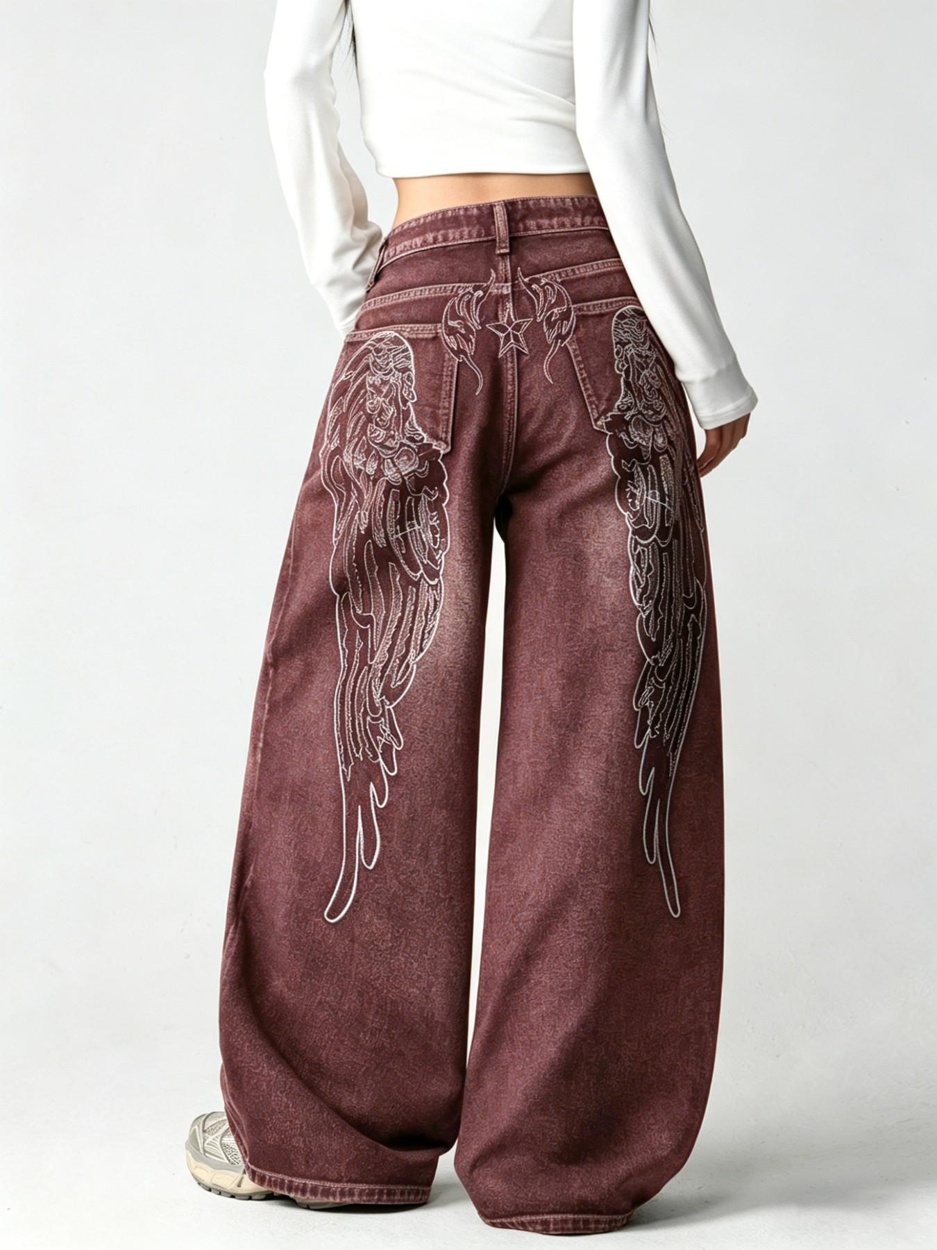 Vintage Creative Wing Embroidery Women's High Waist Baggy Denim Jeans, Casual Jeans Pants, Fashionable Trendy Streetwear Versatile Slimming Wide Leg Long Pants
