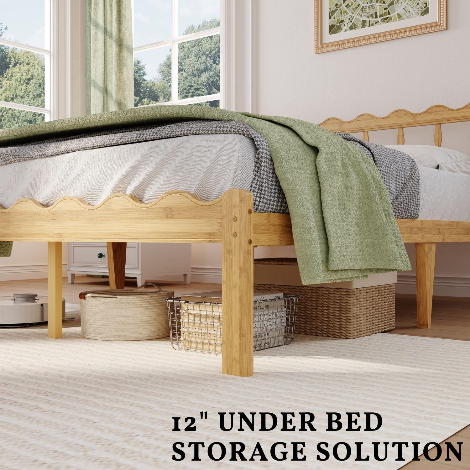 Aardhen Modern Platform Bed Frame with Wavy Headboard 14in Height No Box Spring Needed Easy Assembly with Metal Slats for Silent Stability