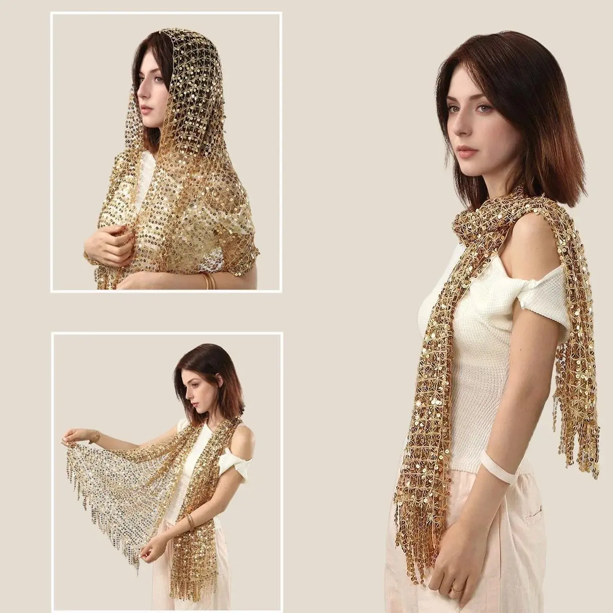 2026 New hot item   Vintage Golden Sparkle Fringe Scarf Party Shawl Women Luxury Headscarf Sequin Deco Wraps Fringed Bride Bridesmaid Wedding Cape