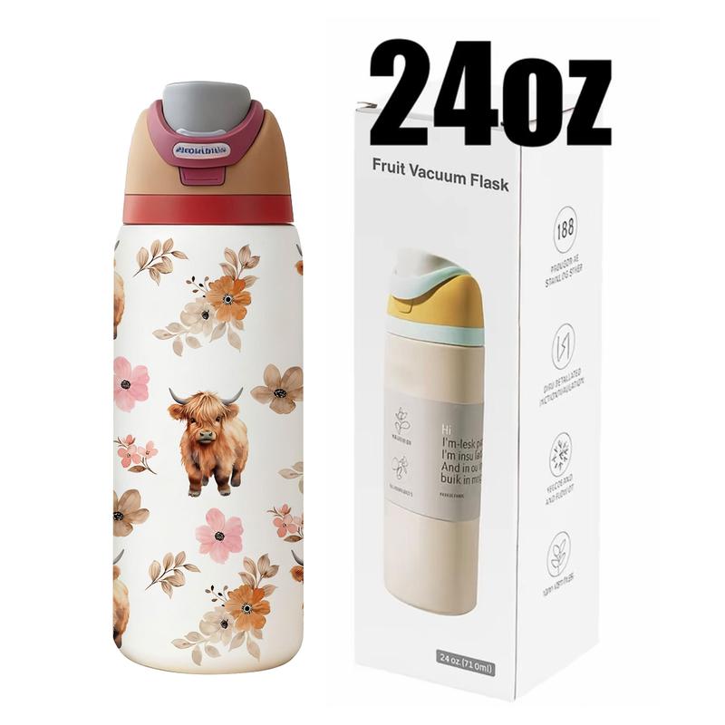 1 pc 19oz/32oz Brown Highland Cow with Flowers Stainless Steel Tumbler with Lid, Hot for 12 hours, cold for 24, Vacuum Cup, Travel Mug, Insulated Flask. Great gift for women, moms, friends and teachers. Perfect for home, office, holiday and outdoor use