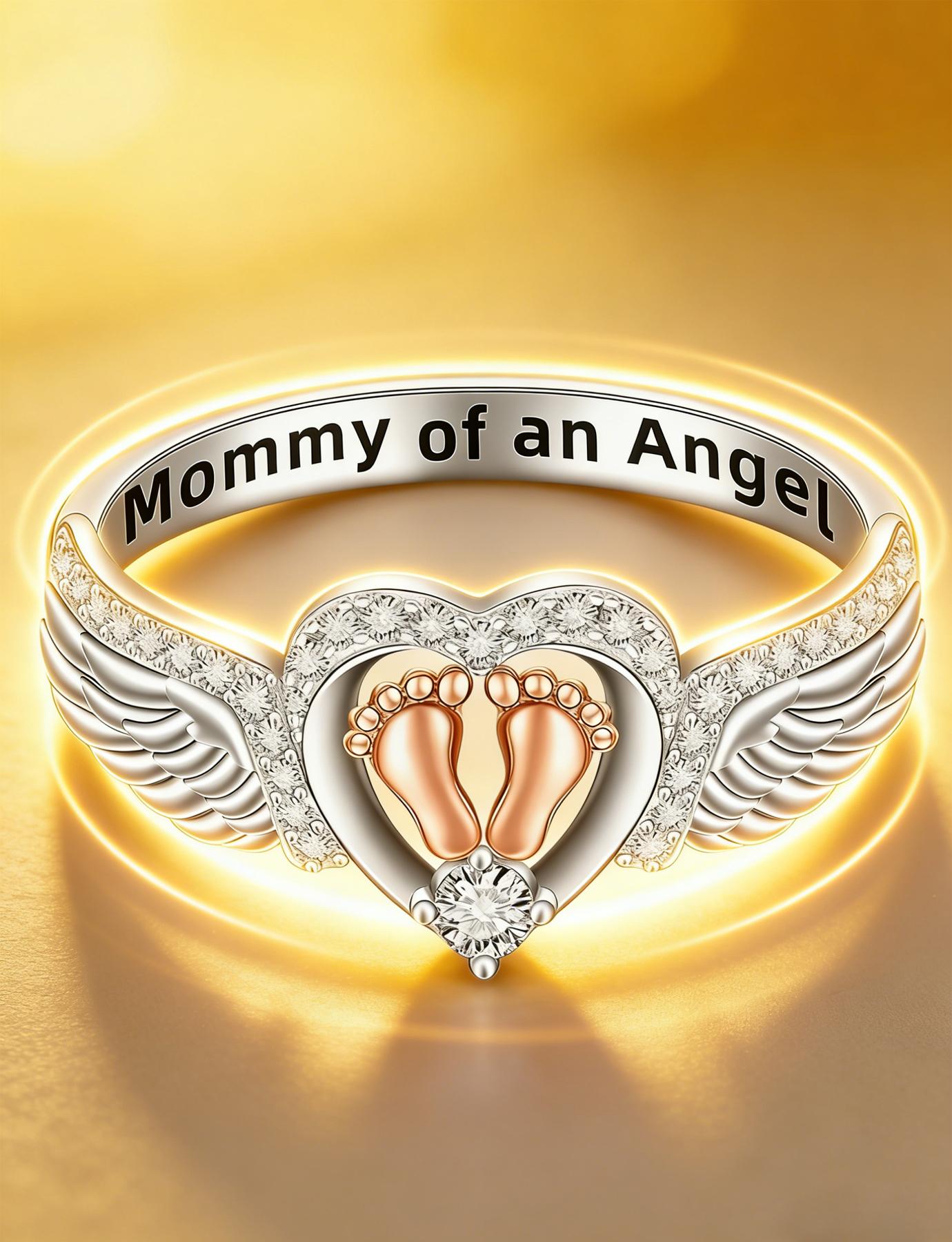 Angel Ring Mom's Edition, Angel Wings Baby Footprint Heart-shaped Ring - A commemorative piece of jewelry for those who have lost a baby, a meaningful gift for mothers as a token of sympathy, a Mother's Day present.