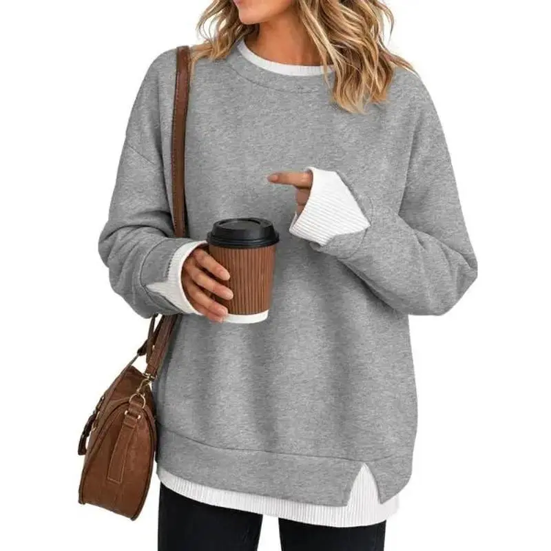Women's Fake Two Piece Layered Sweatshirt Air Layer Fabric Hoodie Crew Neck White Ribbed Cuff & Hem Patchwork Drop Shoulder Oversized Long Sleeve Pullover Top Hoodie Fit Casual,back to school,back to school shopping