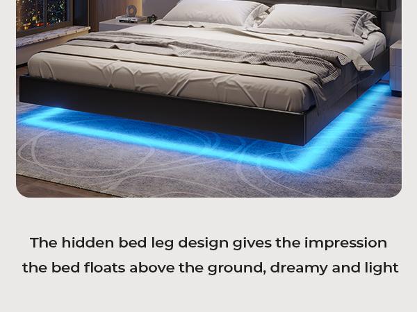 Hasuit California King Floating Led Bed Frame with Hidden Storage Headboard and Charging Station Cal King Size Visual Floating Platform Bed with Led Lights,No Box Spring Needed