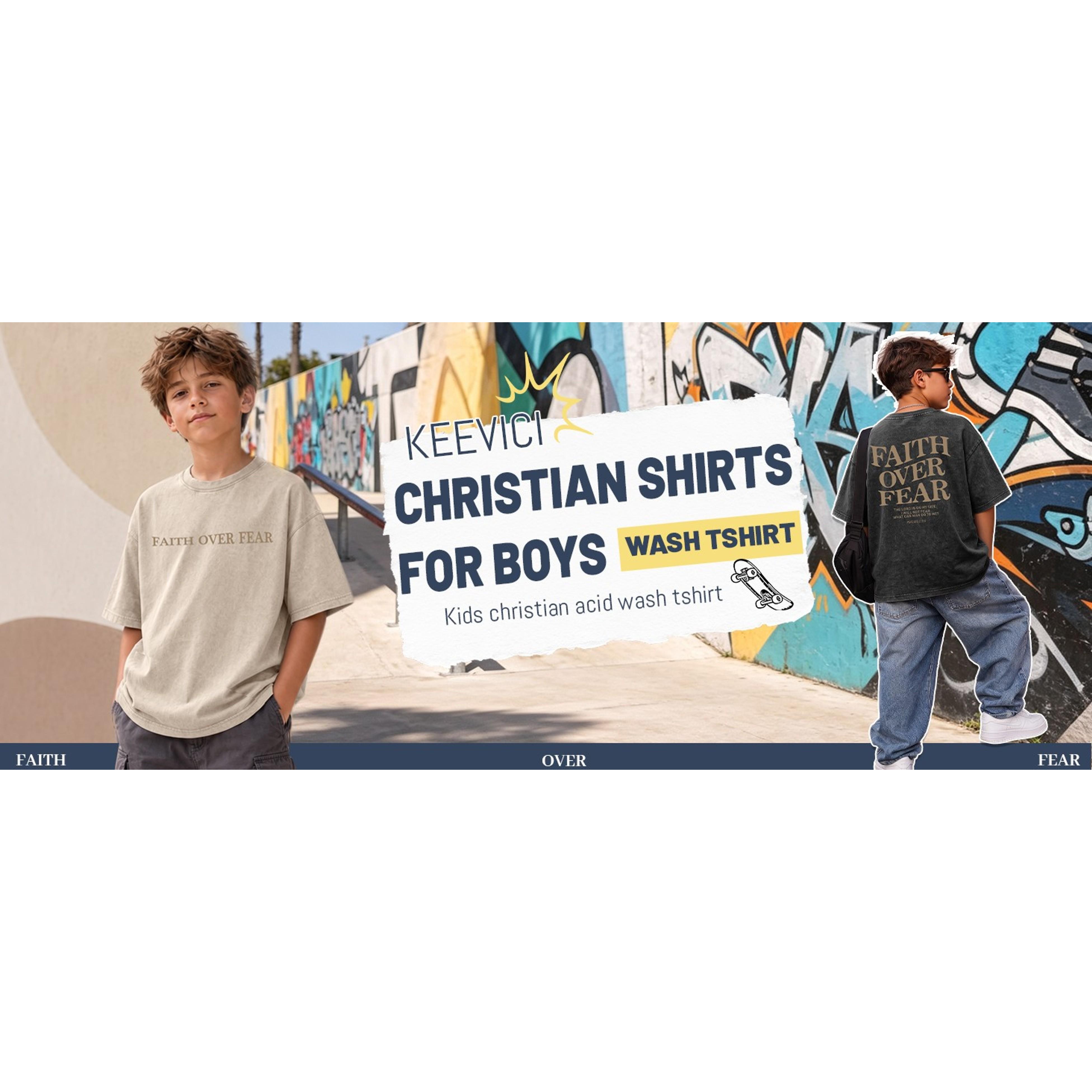 Boys Faith Over Fear Christian Jesus Graphic Tee - Bible Verse Religious Acid Wash T-Shirt for KidsGift