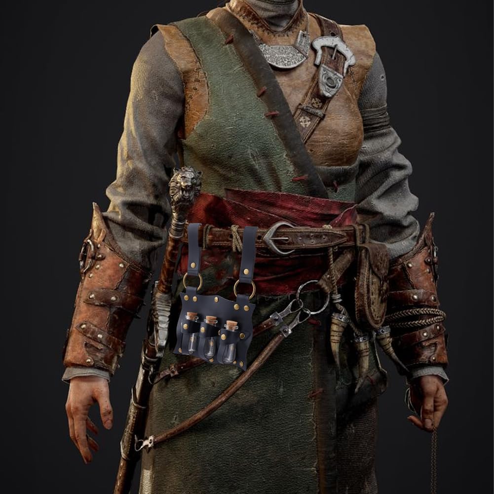 Medieval Potion Bottle Waist Pack, PU Material with Belt Loop, Includes 3 Cork Bottles, Renaissance Witch Props, Stempunk Cosplay Costume Set