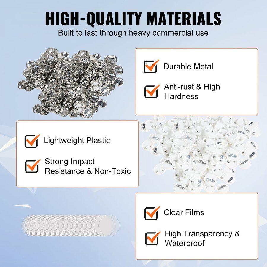 VEVOR 500 Sets 1 inch 25mm Pin Back Button Parts, DIY Round Button Badge Parts, Set Includes Metal Top, Plastic/Metal Button, Clear Film, and Blank Paper For Gifts Presents, Machine NOT Included