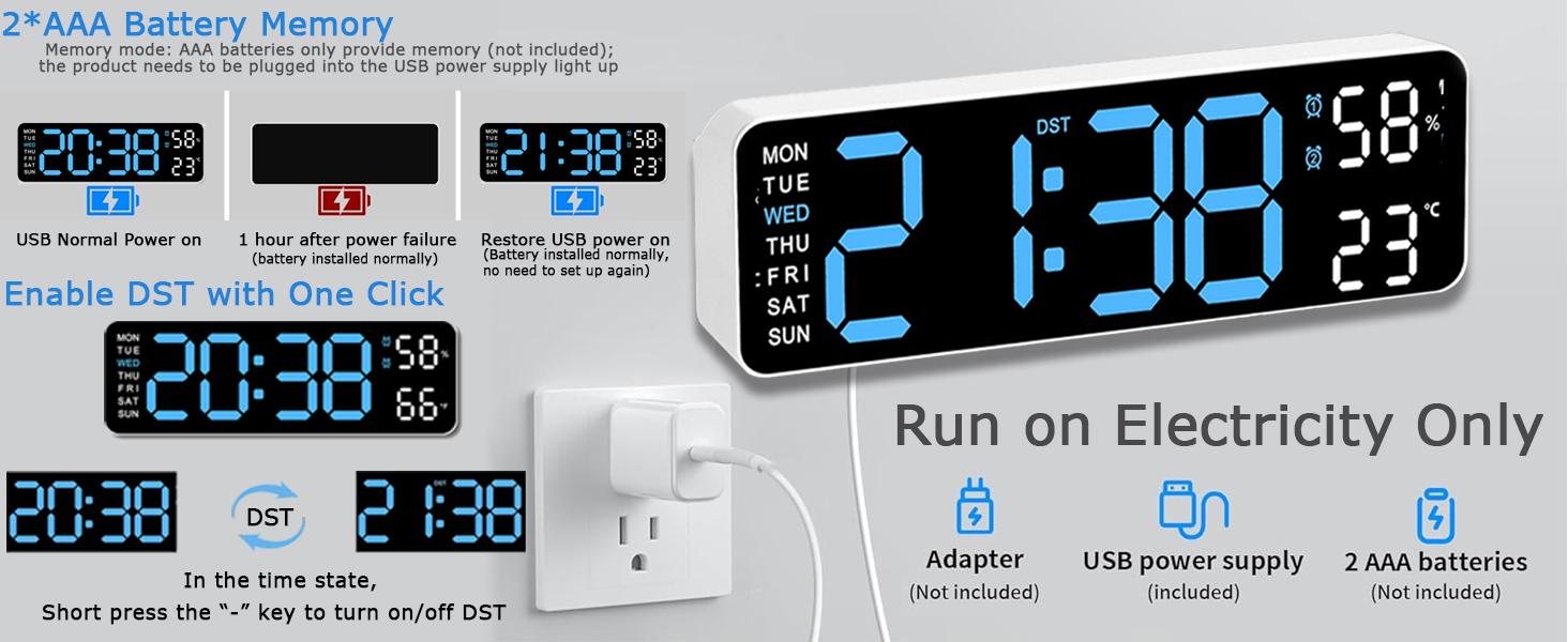 Digital Wall Clock Modern Large Display LED Technology Countdown Dimmer Date Week Temperature BlueMen Room Decor Partment Accessories,Electronic Wall Clock, Decorative Living Room Wall Clock, Light Set, Halloween Decor,Mount Switch