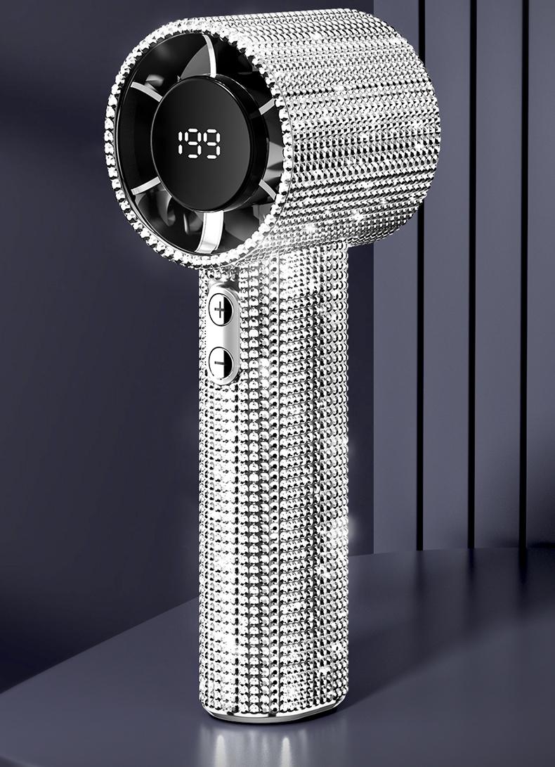 MGALL S5 Full Diamond Luxury Craftsmanship Portable Handheld Turbo Fan, 3 Gear Wind, Rechargeable Long  Battery Life Hand Fan With Digital Display For Outdoor Activities, Travel, Office,Wonmen's gift