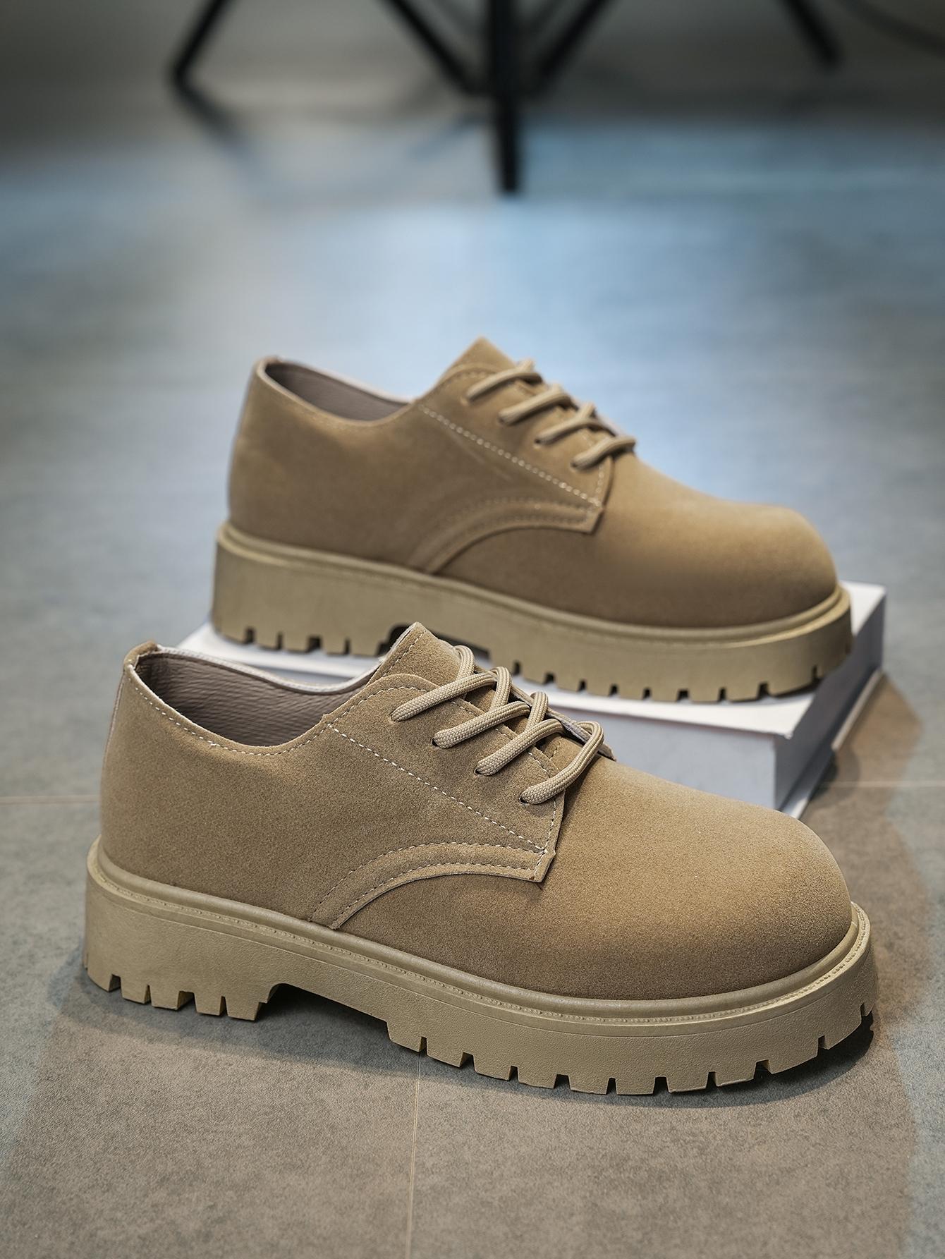 Men's Suede Chunky Platform Shoes, Khaki/Black Casual Lace-up Oxford Shoes, Non-slip Height Increasing Lug Sole Work Shoes for Men