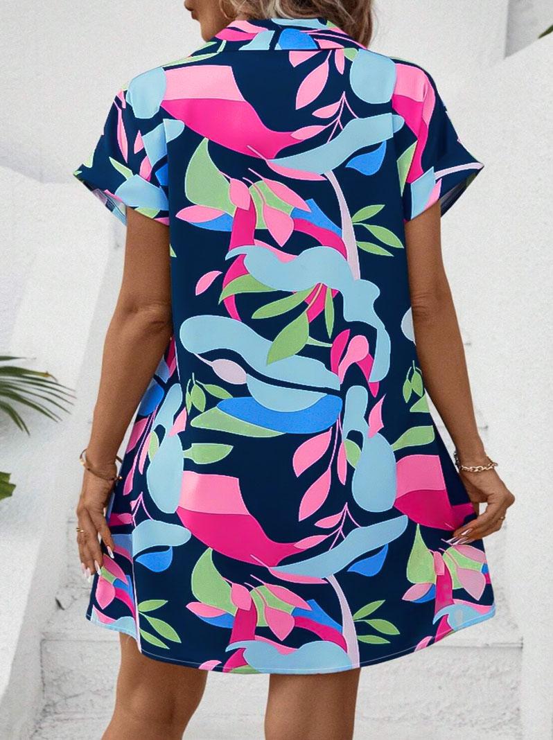 Plus Size Lapel Short Sleeve Shirt Dress, Botanical Print, Loose Curvy Friendly Mini Dress