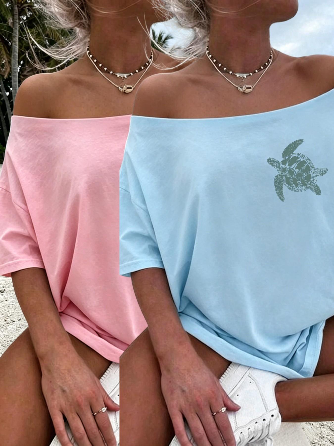 Women's Oceanic Turtle Print Off-Shoulder Loose Summer T-Shirt, Casual Fashion Loose, Casual Short Sleeve Bohemian Beach Top, Boho Casual Wear