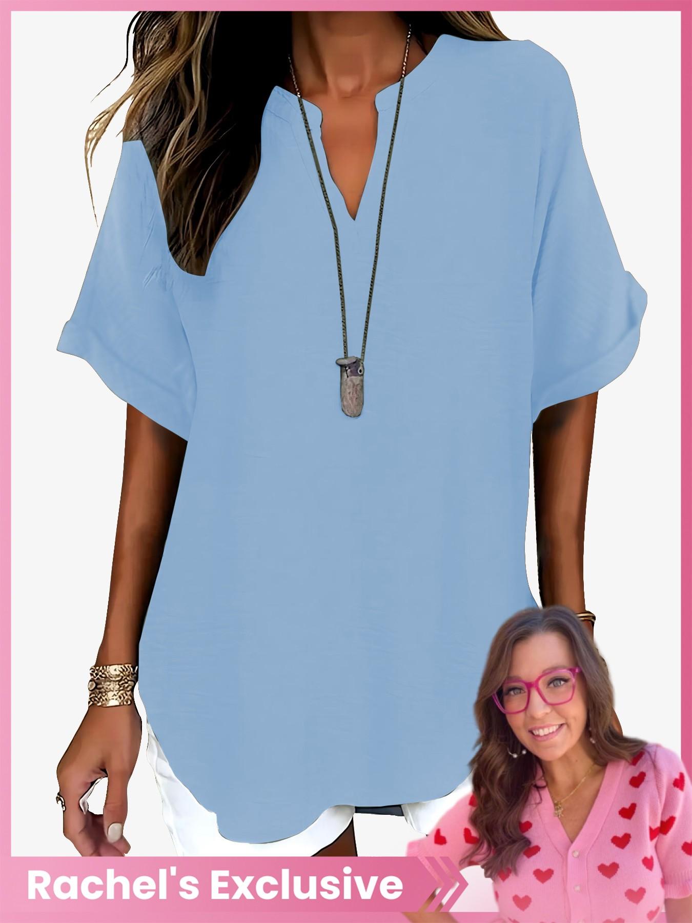 Women's Simple Solid Color Commuter V-Neck Drop Shoulder Vintage Versatile Top, Short Sleeve Fitted H-Type Blouse, Casual Fashion Shirts