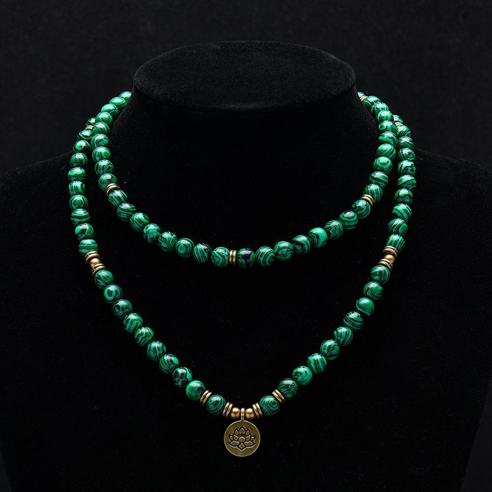 Genuine Stone 8mm Green Malachite 108 Mala Beads Money Attraction Bracelet - Unisex Long Beads Wrap Bracelet with Lotus Buddha Charm - Daily Wear Yoga Meditation Jewelry Ideal Gift