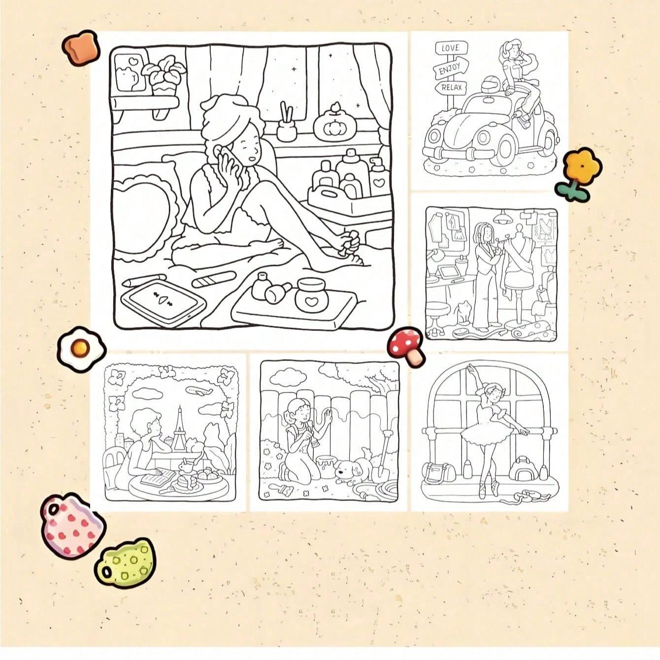 Girl Moments Coloring Book for Adults & Teens, Stress Relief Drawing, Large Relaxing Design, Cute Characters, Safe & Eco-Friendly