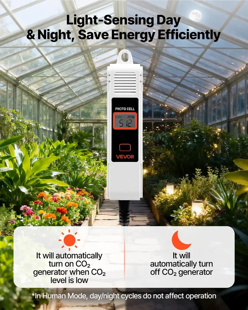 VEVOR Hanging Compact Digital CO2 Monitoring Controller with NDIR Sensor, LCD Display, 0-5000ppm Range, Dual Outlets, Day-Night Detection, Human Auto Sensing, Auto Ventilation, Accurate CO2 Tracking, 1.61 lbs, 32-122°F/0-50°C for Greenhouse