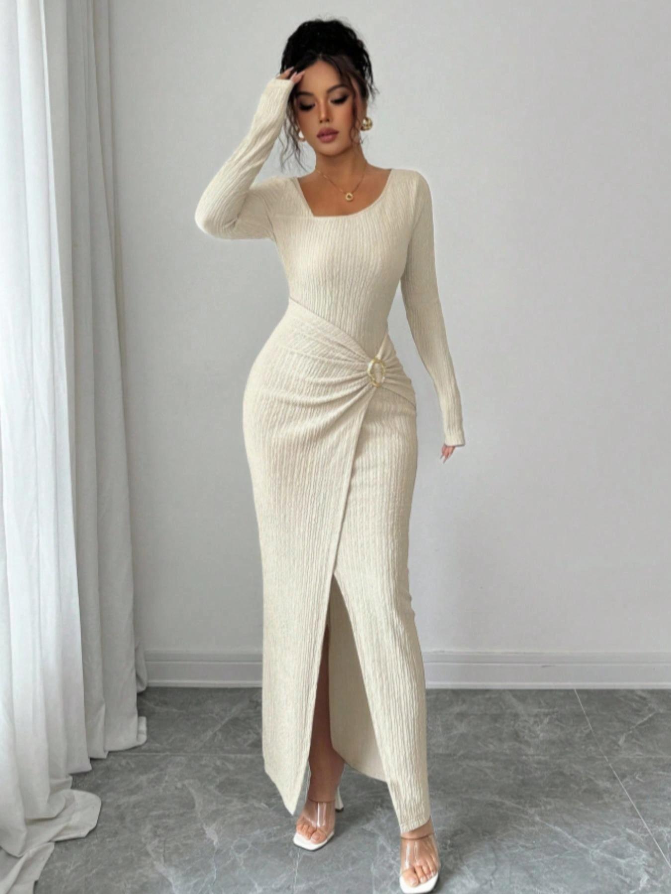 Women's Fashion Solid Color Twisted Long Dress, Asymmetrical-Neck Knitted Texture Bodycon Slit Design Dress, Classy Modest Fall Winter Women Clothes