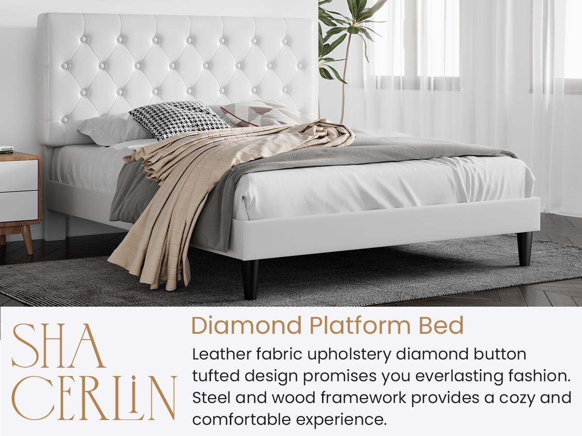 SHA CERLIN Upholstered Bed Frame with Button Tufted Headboard, 【Frame Only No Mattress】Faux Leather/Fabric Upholstered Bed Base, Platform Bed Full Queen King Size, Wooden Slat Support, No Box Spring Needed#ChristmasGifts#TikTokShopBlackFriday
