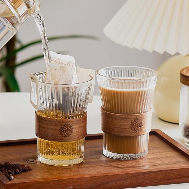 2pcs 320ML Glass Coffee Cups with Bamboo Sleeve, Espresso Drinking Set, Home Essential Glassware, Clear Cups for Beer, Cocktail, Tea, Latte