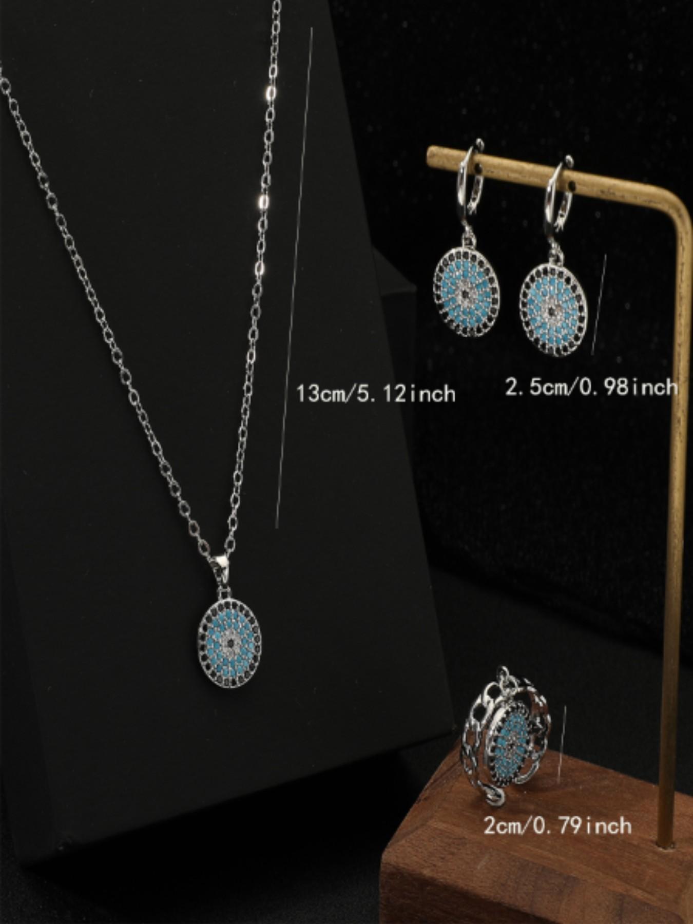 3 Piece Set Silver Color Turkish Evil Eye Blue Zircon Necklace Earrings Ring Set, Women's Party Wedding Luxury Jewelry Gift