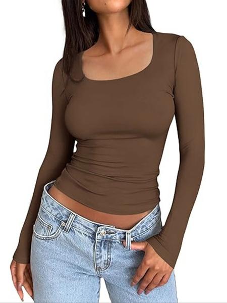 Women's Long Sleeve Square Neck Slim-Fit Breathable T-Shirt, Cute Style, Moderate Fabric Thickness, All Seasons Wear, Comfortable & Stylish Design